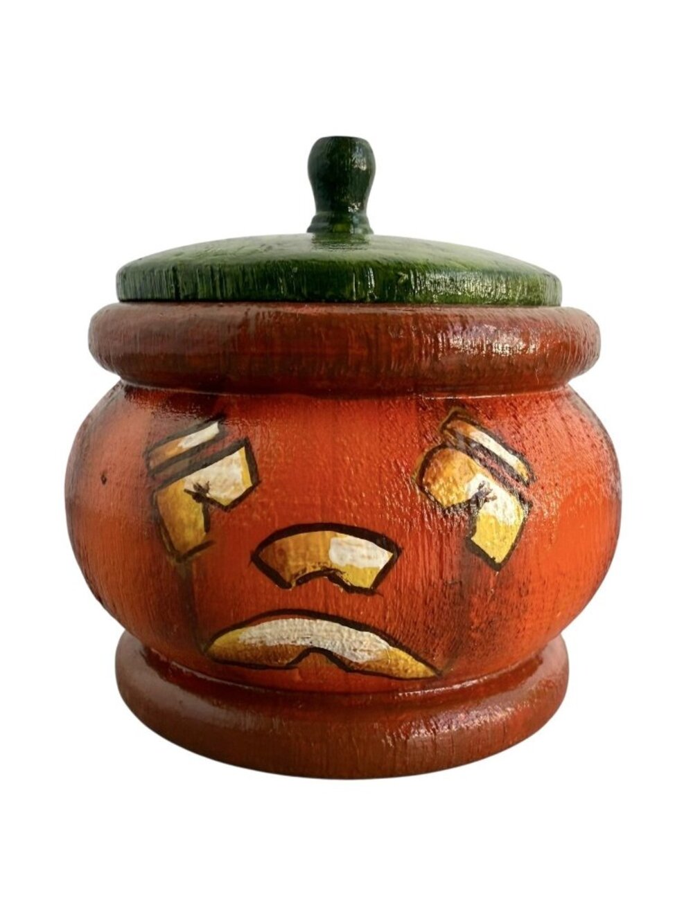 Vintage Hand Painted Wood Pumpkin w/ Lid Trinket Box Dish Fall Cottage Halloween